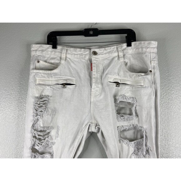 Square Zero Men 38/32 White Jeans Distressed Zipper Urban Wear - Picture 2 of 13